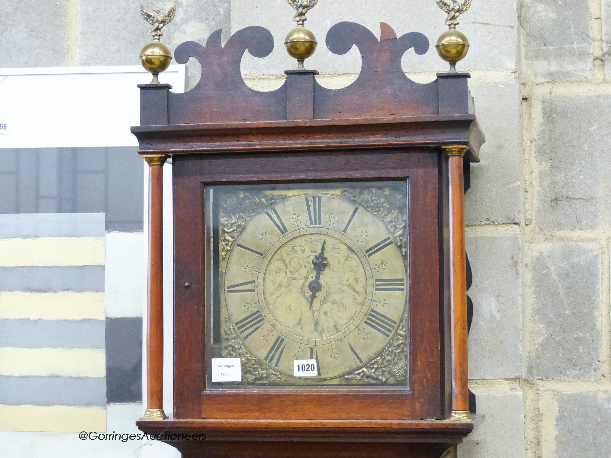 An 18th century oak 30 hour long case clock Thomas Read of Stevenage. H-213cm.